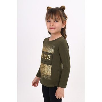 Toontoy Kids Varak Baskılı Taş İşlemeli Haki Kız Çocuk T-shirt