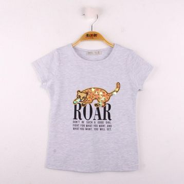 Toontoy Leopar Baskılı Pullu Gri Melanj Kız Çocuk T-shirt