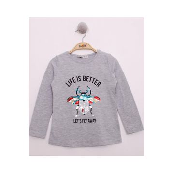 Toontoy Pullu Uğur Böceği Nakışlı Gri Melanj Kız Çocuk T-shirt