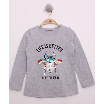 Toontoy Pullu Uğur Böceği Nakışlı Gri Melanj Kız Çocuk T-shirt
