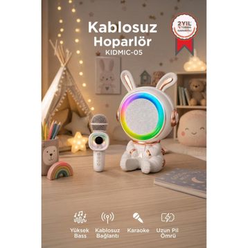 Torima KIDMIC-05 Beyaz RGB Tavşan Figürlü Mikrofonlu Karaoke Bluetooth Hoparlör