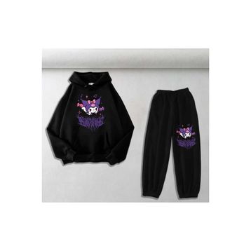 Touz Moda Harajuku Kuromi Baskılı Siyah Oversize Kapüşonlu Sweatshirt&Eşofman Altı Unisex İkili Takım