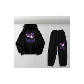 Touz Moda Harajuku Kuromi Baskılı Siyah Oversize Kapüşonlu Sweatshirt&Eşofman Altı Unisex İkili Takım