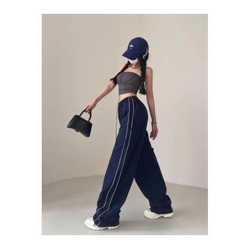 Touz Moda Harajuku Zip Detail Çift Çizgili Navy Blue Tracksuit Oversize Lacivert Kadın Eşofman Altı