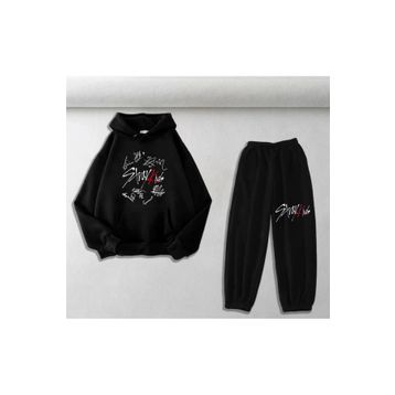 Touz Moda Stray Kids Baskılı Siyah Oversize Kapüşonlu Sweatshirt&Eşofman Altı Unisex İkili Takım