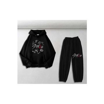 Touz Moda Stray Kids Baskılı Siyah Oversize Kapüşonlu Sweatshirt&Eşofman Altı Unisex İkili Takım