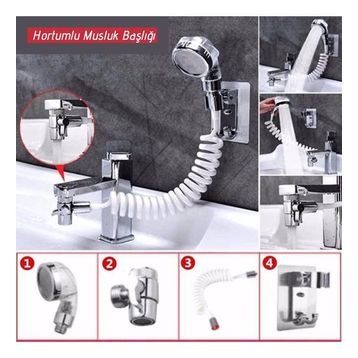 Trendypazar 2'in 1 Spiral Hortumlu Ayarlanabilir Hareketli Banyo Mutfak Lavabo Musluk Duş Başlığı