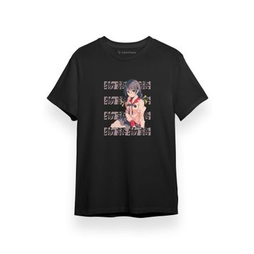 Tshirthane P17198S372 Monogatari Anime Tsubasa Hanekawa Lettern Poster Siyah Kısa Kol Erkek T-shirt