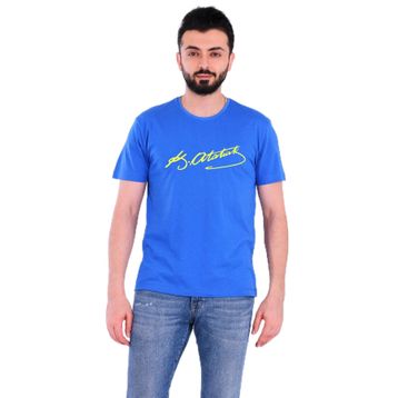 Tshirthane P18107S1208 Sarı Lacivert Atatürk İmza Kısa Kol Mavi Slim Fit Erkek T-shirt