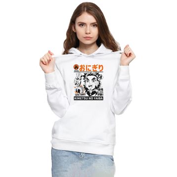 Tshirthane P20880S803 Demon Slayer Anime Super Yummy 3ip Kapüşonlu Kadın Beyaz Sweatshirt