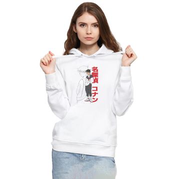 Tshirthane P20966S4873 Detective Conan Anime Shinichi Kudo 3ip Kapüşonlu Kadın Beyaz Sweatshirt