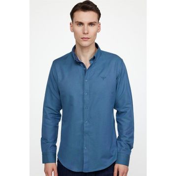 Tudors 27329 Slim Fit Pamuklu Kolay Ütü Düz Erkek Petrol Gömlek