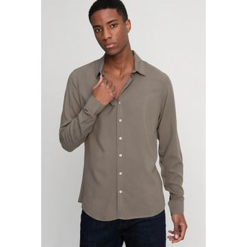 Tudors Slim Fit Dar Kesim Uzun Kol Dökümlü Viskon Şık Erkek Haki Gömlek