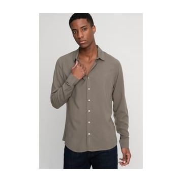 Tudors Slim Fit Dar Kesim Uzun Kol Dökümlü Viskon Şık Erkek Haki Gömlek