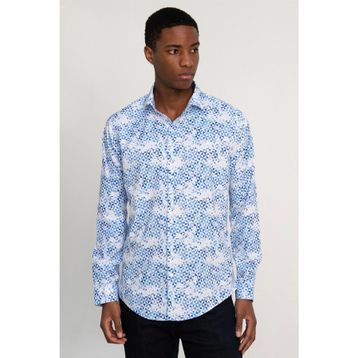 Tudors Slim Fit Dar Kesim Uzun Kol Likralı Baskılı Yüksek Yaka Erkek Gömlek