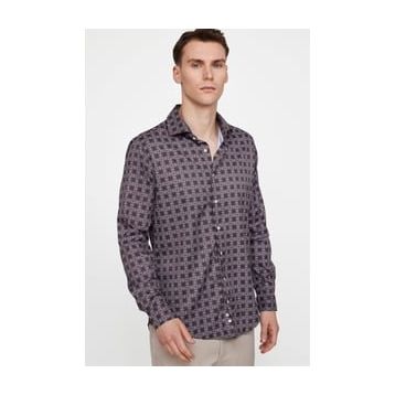 Tudors Slim Fit Dar Kesim Uzun Kol Likralı Baskılı Yüksek Yaka Erkek Gömlek