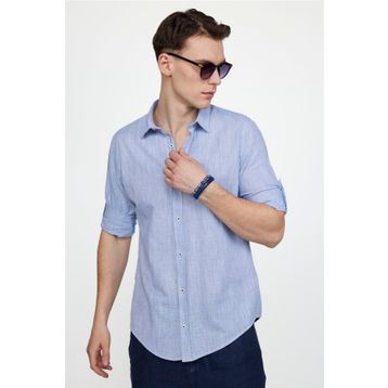 Tudors Slim Fit Uzun Kol Apoletli Keten Düz Erkek Mavi Gömlek