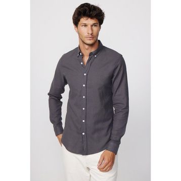 Tudors Slim Fit Uzun Kol Biyeli Yaka Düğmeli Gri Keten Erkek Gömlek