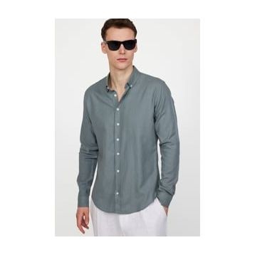 Tudors Slim Fit Uzun Kol Biyeli Yaka Düğmeli Gri Keten Erkek Gömlek