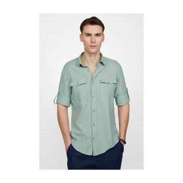 Tudors Slim Fit Uzun Kol Çift Cep Pamuk Keten Spor Yaka Erkek Yeşil Gömlek