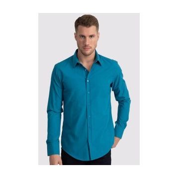 Tudors Terry Cotton Slim Fit Dar Kesim Turkuaz Erkek Gömlek