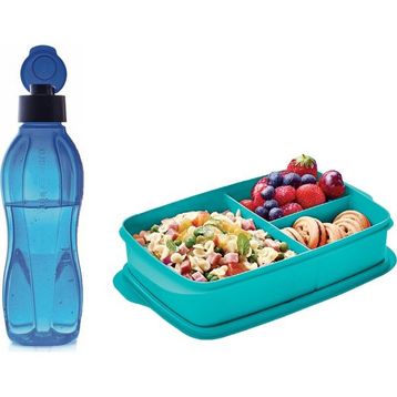 Tupperware Bölmeli 1 lt Beslenme Kutusu ve 750 ml Mavi Eko Şişe Beslenme Seti