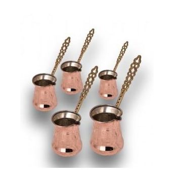Turna Bakır TURNA1249-1 5'li Sultan Kırmızı Makine Dövme Kalın Pirinç Kulp Cezve