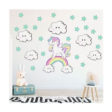 Tusador TILKI/75841 Tilki Dünyası Şirin Bulutlar Unicorn ve Yıldızlar Çocuk Odası Sticker