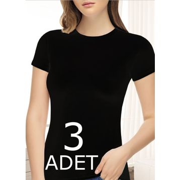 Tutku Elit 2202 Elastan Yarım Kol 3 Adet Siyah Kadın Body