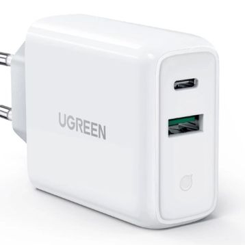 Ugreen 38W Çift Portlu USB-A ve Type-C PD QC Beyaz Hızlı Şarj Cihazı