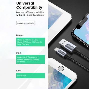 Ugreen Beyaz 2 m Lightning İphone Örgülü Data Ve Şarj Kablosu