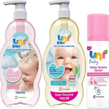 Uni Baby 900 ml Bebek Şampuan+700 ml Kolay Tarama Şampuanı+200 ml Saç Tarama Sprey 3'lü Set