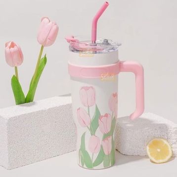 Vagonlife Diller 1200 ml Pembe Lale Desenli Tumbler Pipetli Pipetsiz Kulplu Paslanmaz Çelik Termos