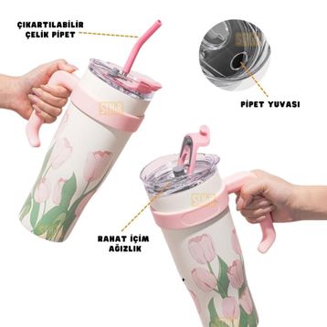 Vagonlife Diller 1200 ml Pembe Lale Desenli Tumbler Pipetli Pipetsiz Kulplu Paslanmaz Çelik Termos