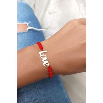 VAOOV 925 Ayar Gümüş Love Yazılı Kırmızı Makrome Örgü Bileklik