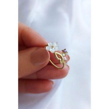 VAOOV 925 Ayar Gümüş Taşlı Sedef Çiçekli Yüzük