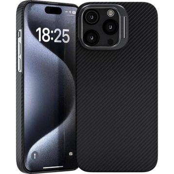 Vendas Apple iPhone 15 Pro Max Magsafe Şarj Özellikli 600D Kevlar Zore Krek Karbon Standlı Kapak Cep Telefonu Kılıfı