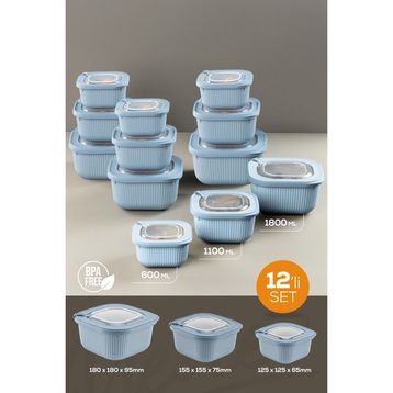 Vienev 12'li 4X 600-1100-1800 ml Mavi Mikrodalga ve Difrize Uygun Vip Kapaklı Özel Saklama Kabı Seti