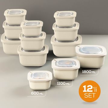 Vienev 1750-1050-600 ml VIP Bej 12 Adet Dikdörtgen Mikrodalga ve Difrize Uygun Saklama Kabı Seti