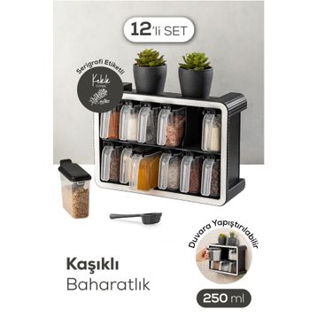 Vienev 250 ml Siyah Beyaz Serigrafi Etiketli 12'li Standlı Kendinden Yapışkanlı Kaşıklı Baharatlık Seti
