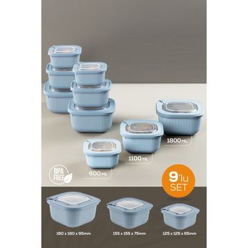 Vienev 600-1100-1800 ml Mavi 9'lu 3X Mikrodalga ve Difrize Uygun VIP Kapaklı Özel Saklama Kabı Seti