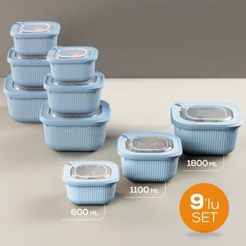 Vienev 600-1100-1800 ml Mavi 9'lu 3X Mikrodalga ve Difrize Uygun VIP Kapaklı Özel Saklama Kabı Seti