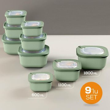 Vienev 600-1100-1800 ml Yeşil 9'lu 3X Mikrodalga ve Difrize Uygun VIP Kapaklı Özel Saklama Kabı Seti