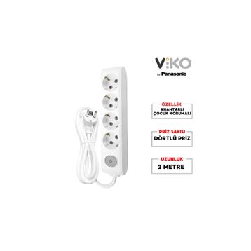 Viko 2 mt Beyaz Anahtarlı Uzatma Kablosu 4'lü Çoklu Priz