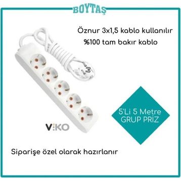 Viko 5 mt Beyaz Anahtarlı Uzatma Kablosu 5'li Çoklu Priz