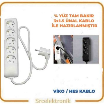 Viko HO5VV-F 5'li Beyaz Topraklı Çocuk Korumalı 3x1.5 15 m Ünal Kablo Tam Bakır Uzatma Kablo