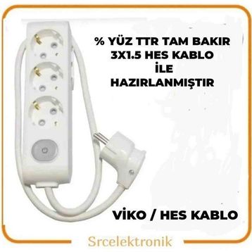 Viko Multi-Let 3'lü 3x1.5 8 m Hes Kablo Tam Bakır Anahtarlı Topraklı Çocuk Korumalı Uzatma