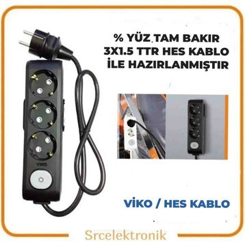 Viko Multi-Let 3'lü 3x1.5 8 m Hes Kablo Tam Bakır Anahtarlı Topraklı Çocuk Korumalı Uzatma