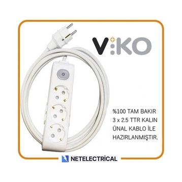 Viko Multi-Let 3'lü 3x2.5 30 m Öznur Kablo Tam Bakır Anahtarlı Topraklı Çocuk Korumalı Uzatma Grup Priz