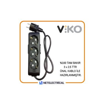 Viko Multi-Let 3'lü 3x2.5 5 m Öznur Kablo Tam Bakır Topraklı Çocuk Korumalı Siyah Antrasit Uzatma Grup Priz